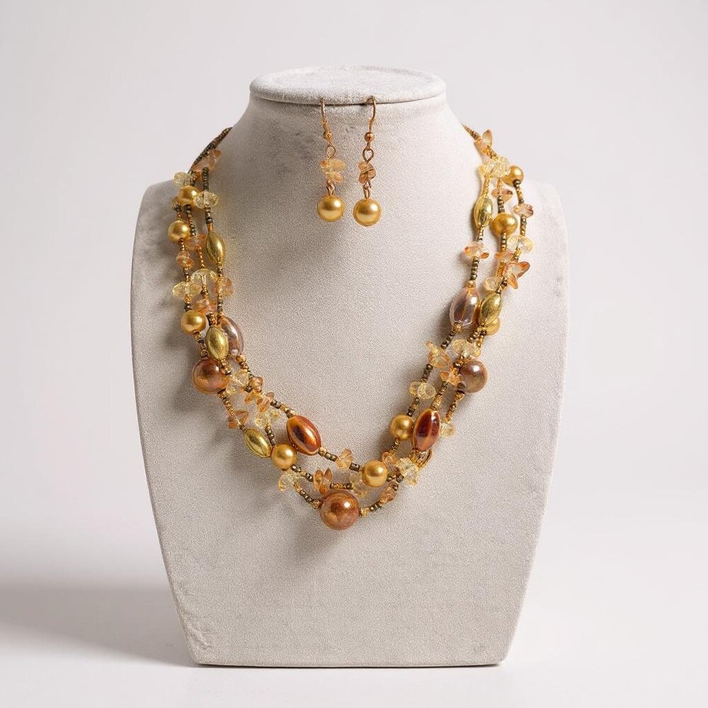 Three Strand Gold And Yellow Mix Bead Necklace Earring Set